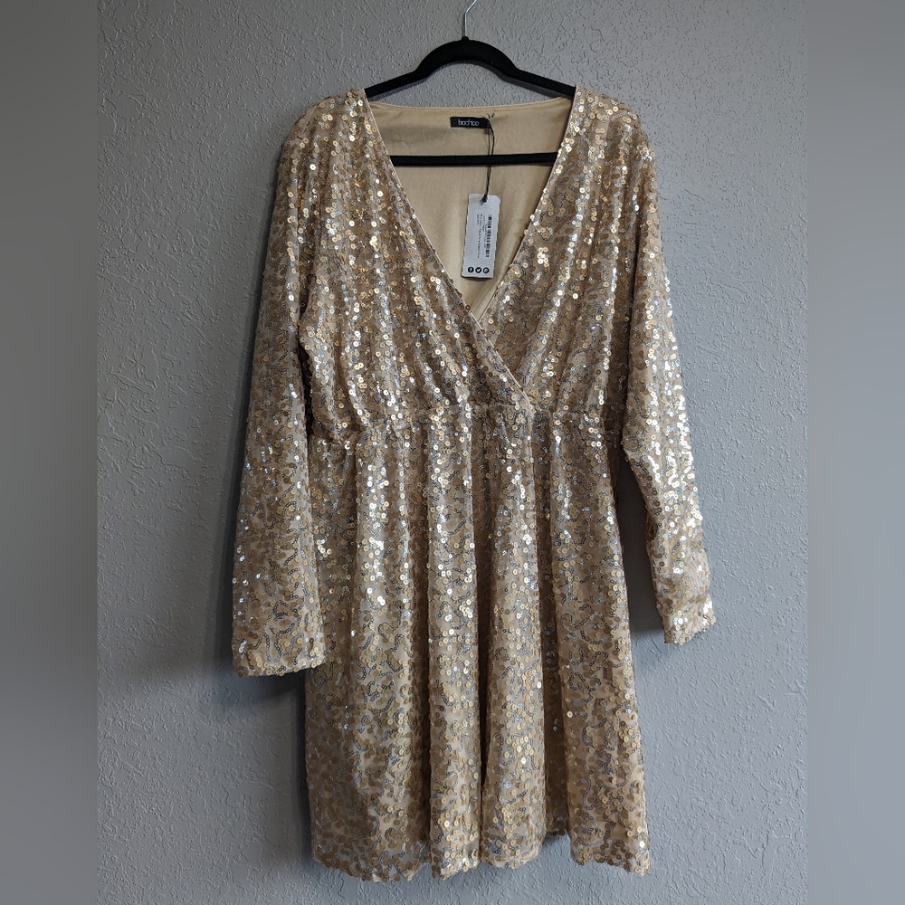 Boohoo Gold Sequin Wrap Mini Dress